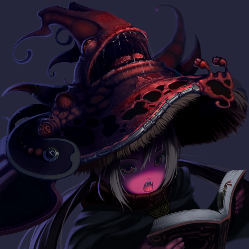 1girl, crazy_eyes, fang, fangs, green_eyes, green_hair, hat, kurokurokuro