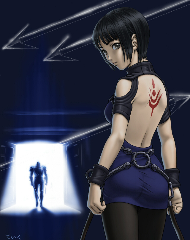1girl, armor, arrow, ass, back, back_tattoo, backless, backlighting