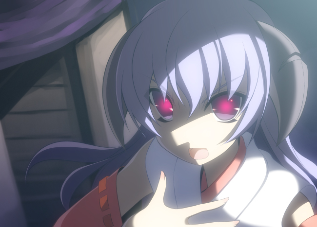 1girl, close-up, demon_girl, detached_sleeves, female, glowing, glowing_eyes, hanyuu, higurashi_no_naku_koro_ni, horns, japanese_clothes, long_hair, oota_yuuichi, open_mouth, outa_yuichi, pink_eyes, purple_hair, solo