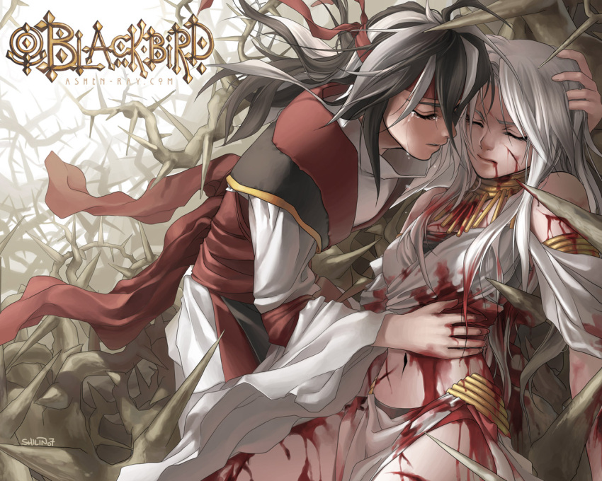 1boy, 1girl, blackbird, blackbird_(shilin), blood, blood_on_face, carciphona, death