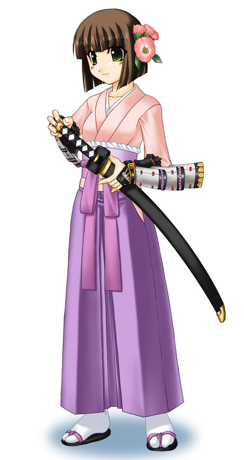 1girl, armor, atlus, bangs, blunt_bangs, blush, bob_cut, brown_hair, bushidou_(sekaiju), flat_chest, flower, green_eyes, hair_flower, hair_ornament, hakama, holding, japanese_clothes, katana, kimono, looking_away, mizuna_(water_emp-tei), obi, sandals, sash, sekaiju_no_meikyuu, shadow, sheath, short_hair, side_slit, simple_background, smile, socks, solo, standing, sword, tabi, weapon