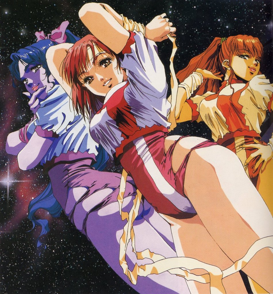 3girls, 80s, amano_kazumi, arms_behind_back, arms_up, artbook, ass, bodysuit