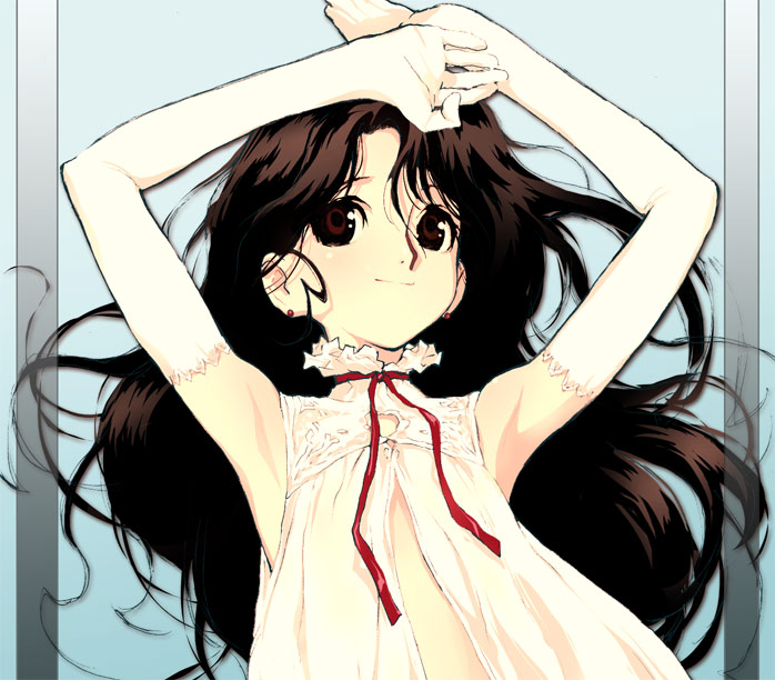 1girl, armpits, dress, flat_chest, gloves, kawamura_takayasu, lying, nishimura_hiroyuki