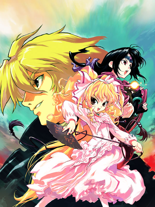 1boy, 2girls, circlet, dress, fan, folding_fan, kawamura_takayasu, magic