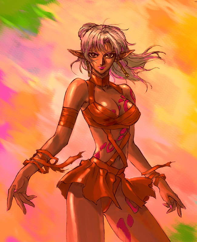 1girl, bodypaint, earrings, elf, jewelry, kawamura_takayasu, leather, nishimura_hiroyuki