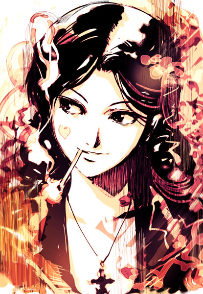 1girl, cigarette, jewelry, kawamura_takayasu, necklace, nishimura_hiroyuki, original, smoking, solo