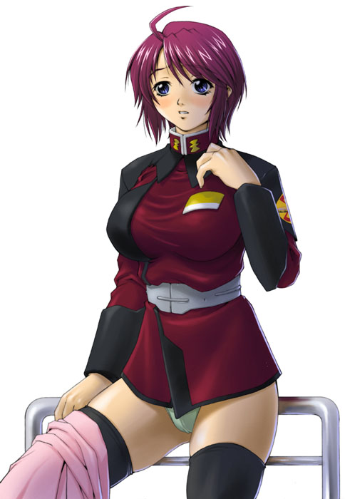 00s, 1girl, ahoge, belt, black_legwear, blue_eyes, blush, breasts, female, fumizuki_misoka, green_panties, gundam, gundam_seed, gundam_seed_destiny, large_breasts, lunamaria_hawke, military, military_uniform, panties, purple_hair, redhead, short_hair, skirt, skirt_pull, solo, thigh-highs, underwear, uniform