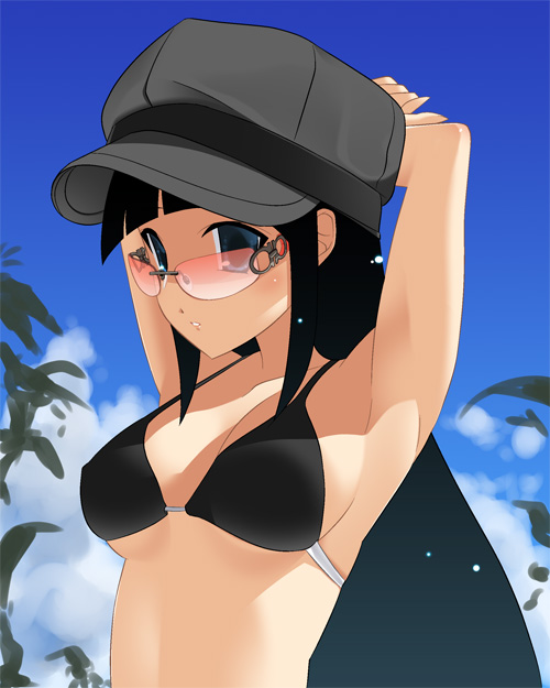 armpits, arms_up, bikini, black_hair, blue_eyes, cabbie_hat, hat, oota_yuuichi