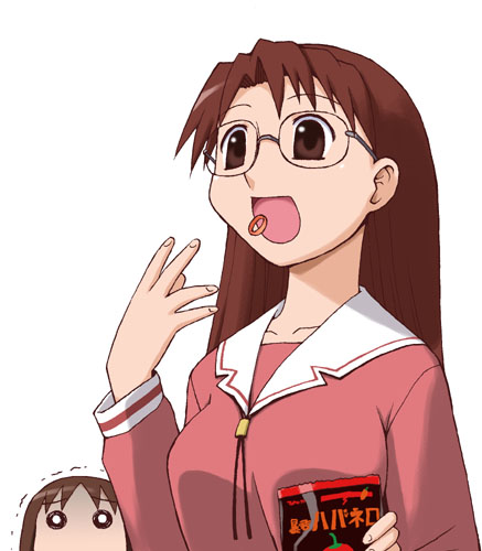 2girls, azumanga_daioh, boukun_habanero, brown_eyes, brown_hair, glasses, habanero, kasuga_ayumu, lowres, mizuhara_koyomi, multiple_girls, school_uniform, serafuku