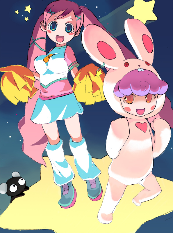 2girls, :d, akai_maho, animal_costume, blue_eyes, bunny_costume, doki_doki_majo_shinpan, full_body