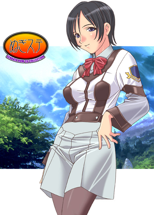 00s, 1girl, black_hair, blue_eyes, bow, breasts, female, gunparade_march, hara_motoko, nature, pantyhose, senbata-rou, short_hair, sky, smile, solo, uniform