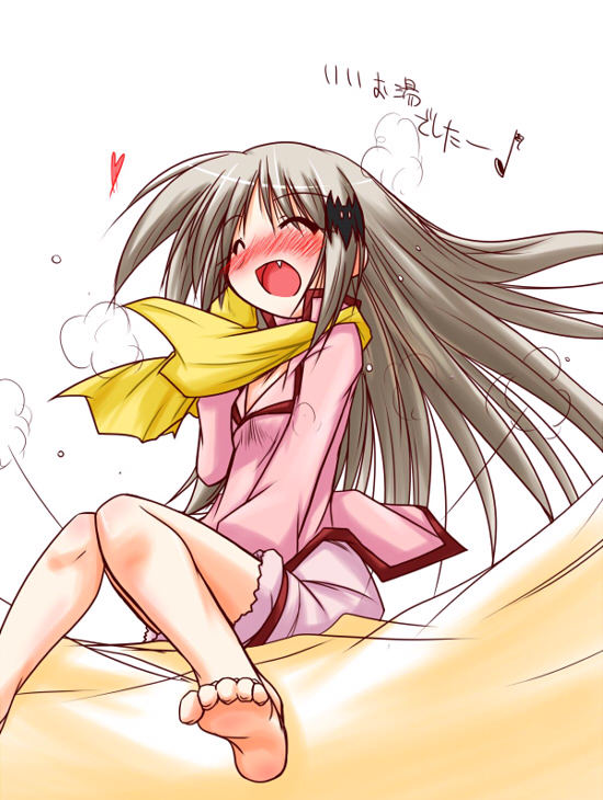 barefoot, blush, closed_eyes, fang, feet, little_busters!!, long_hair, noumi_kudryavka