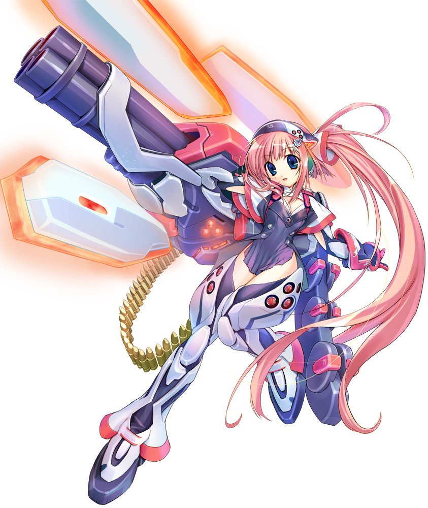 1girl, blue_eyes, ein_(long_cake), flat_chest, gadget_trial, gun, izen, long_hair