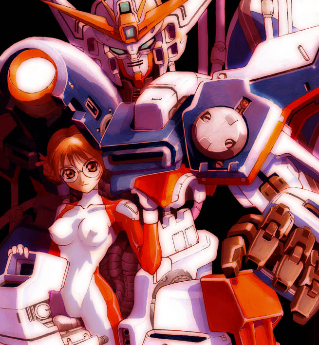 1girl, 90s, breasts, erect_nipples, glasses, gundam, gundam_wing, lady_une, mecha, mecha_musume, medium_breasts, pilot_suit, power_armor, wing_gundam_zero