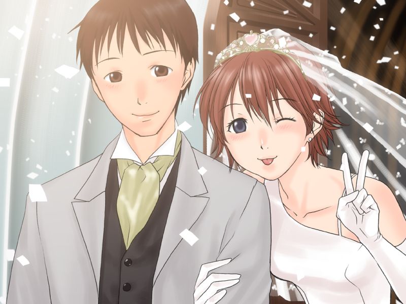1boy, 1girl, :p, ;b, ;p, arm_holding, asymmetrical_clothes, bangs, bare_shoulders, black_hair, blue_eyes, blush, breasts, bridal_veil, bride, brown_eyes, brown_hair, buttons, closed_mouth, confetti, couple, cravat, door, dress, ear_studs, earrings, elbow_gloves, formal, game_cg, girlfriend_of_steel, gloves, groom, hair_between_eyes, happy, heart, hetero, ikari_shinji, ikari_shinji_raising_project, jewelry, kirishima_mana, leaning_forward, light_smile, looking_at_viewer, neon_genesis_evangelion, neon_genesis_evangelion:_iron_maiden, one_eye_closed, open_clothes, open_door, outdoors, parted_bangs, redhead, see-through, short_hair, small_breasts, smile, spaghetti_strap, stud_earrings, suit, tiara, tongue, tongue_out, upper_body, v, veil, waistcoat, wedding, wedding_dress, white_dress, white_gloves, wink, yonekura_kengo