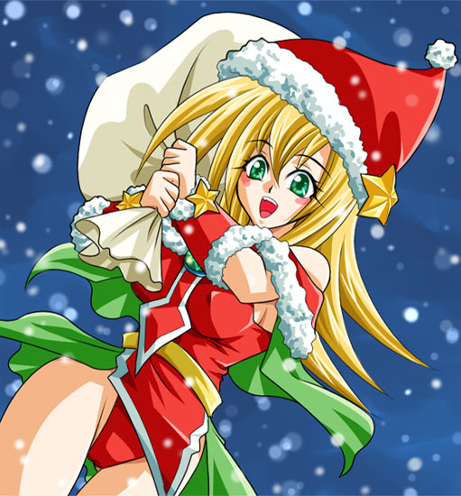 1girl, blonde_hair, chorogi, christmas, dark_magician_girl, duel_monster, green_eyes, long_hair