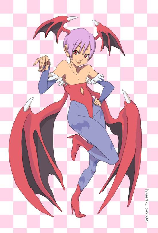 1girl, bat_print, boots, capcom, demon_girl, elbow_gloves, gloves, head_wings