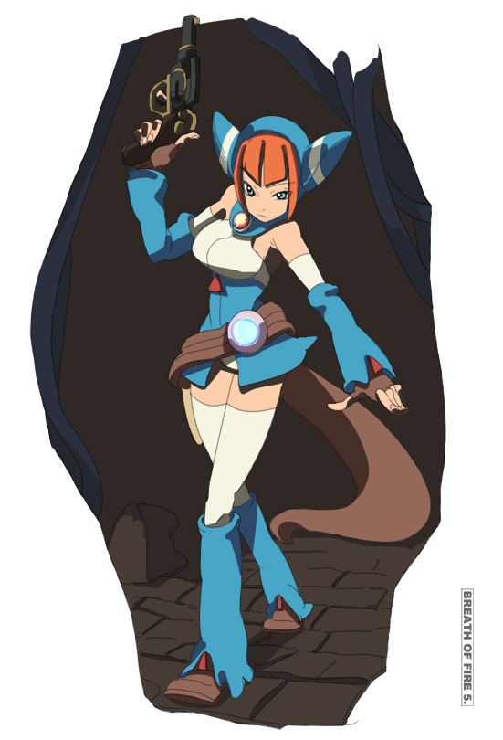 1girl, boots, breath_of_fire, breath_of_fire_v, gun, knee_boots, lin_(breath_of_fire), redhead