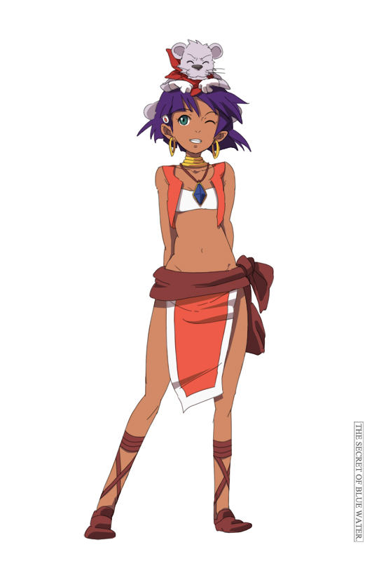 1girl, 90s, bandeau, bandeau_bikini, cross-laced_footwear, dark_skin, fushigi_no_umi_no_nadia, green_eyes, jewelry, loincloth, midriff, nadia, neck_ring, one_eye_closed, pelvic_curtain, purple_hair, sandals, short_hair, solo, strapless, tubetop, vest, yupii