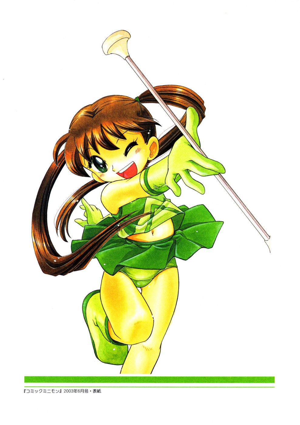 baton, elbow_gloves, gloves, highres, hoshino_fuuta, midriff, twintails, twirl_baton
