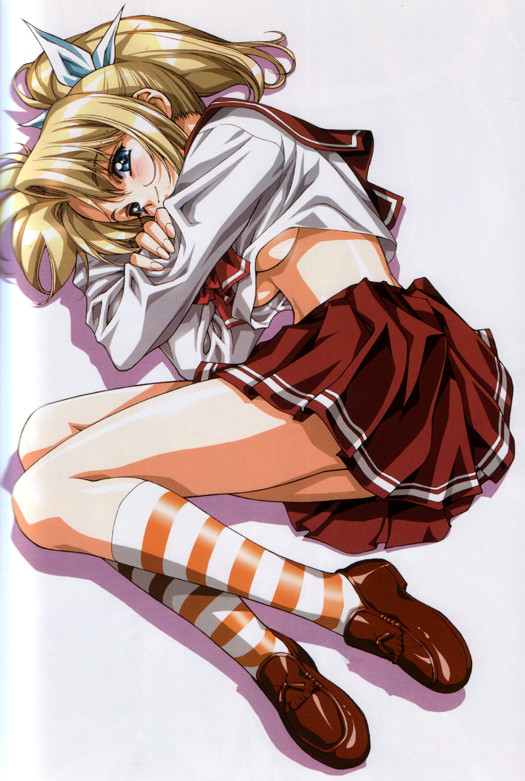 1girl, blonde_hair, blue_eyes, bow, breasts, hair_bow, highres, kneehighs