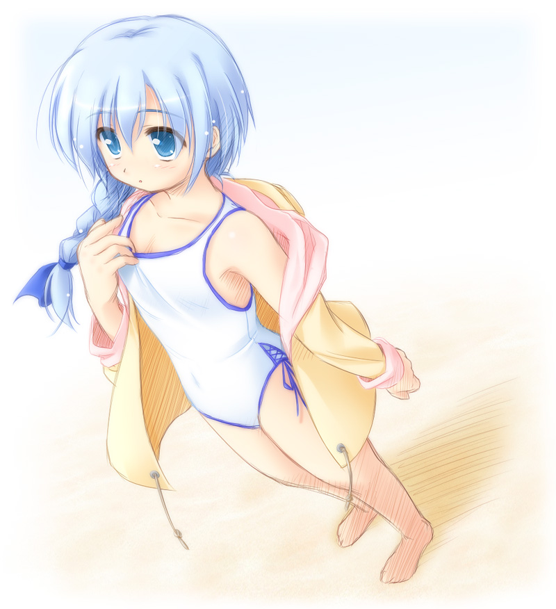 beach, blue_eyes, blue_hair, braid, flat_chest, haruka_ni_aogi_uruwashi_no, long_hair, off_shoulder