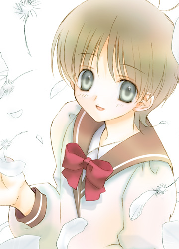 bernard_sho, brown_hair, escaflowne, feathers, grey_eyes, kanzaki_hitomi, lowres, school_uniform