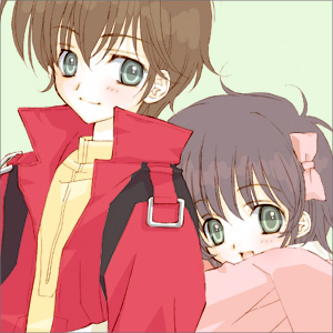 1girl, bad_id, bernard_sho, bow, brother_and_sister, brown_hair, green_eyes, gundam