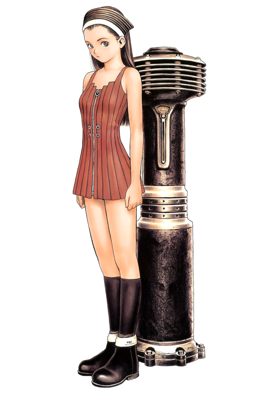 1girl, boots, brown_eyes, brown_hair, dress, flat_chest, full_body, hairband, highres, knee_boots, like_a_balance_life, long_hair, looking_at_viewer, machinery, murata_renji, red_dress, short_hair, simple_background, solo, standing, white_background
