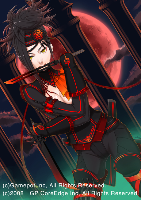 1girl, alteil_ii, black_hair, breast_squeeze, breasts, cleavage, collar, dutch_angle