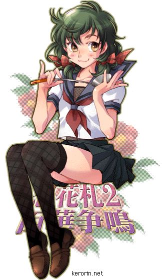 1girl, brown_eyes, full_body, green_hair, haruka_(shinobi_hanafuda), kerorin, ladle, legs