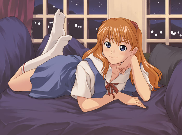 1boy, 1girl, blue_eyes, feet, footwear, kneehighs, long_hair, neon_genesis_evangelion