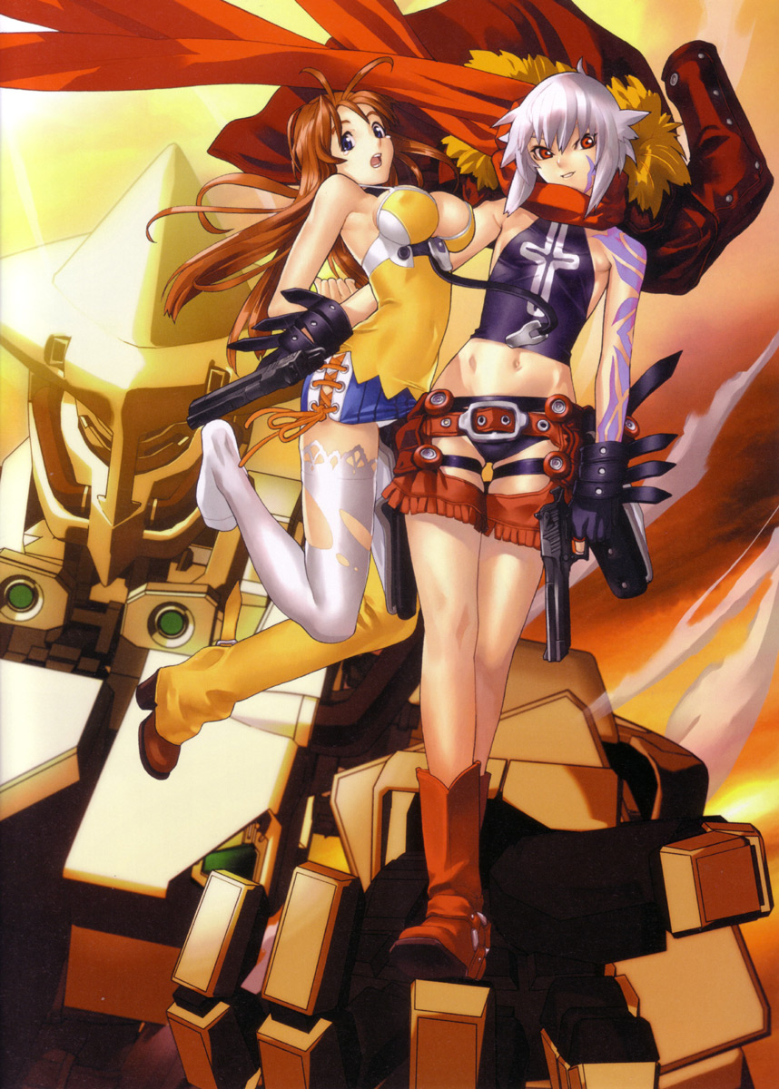 00s, 2girls, bakuretsu_tenshi, boots, breasts, cleavage, desert_eagle, dual_wielding, fringe, gun, hakua_ugetsu, handgun, hands_on_hips, highres, holster, jango, jo, jo_(bakuretsu_tenshi), large_breasts, mecha, meg, meg_(bakuretsu_tenshi), midriff, multiple_girls, pistol, semiautomatic, small_breasts, weapon