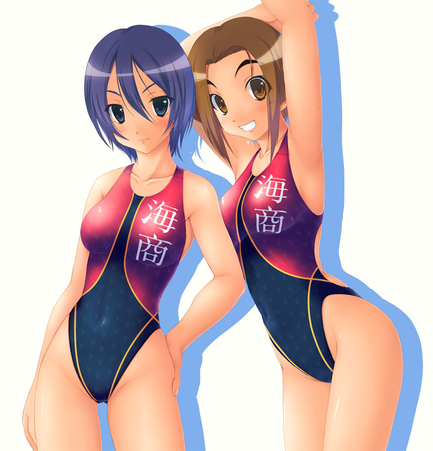 2girls, arm_grab, armpits, arms_up, ass, ass_grab, back, bangs