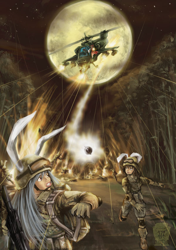 4girls, ah-64, alternate_costume, animal_ears, assault_rifle, blonde_hair, duplicate, female
