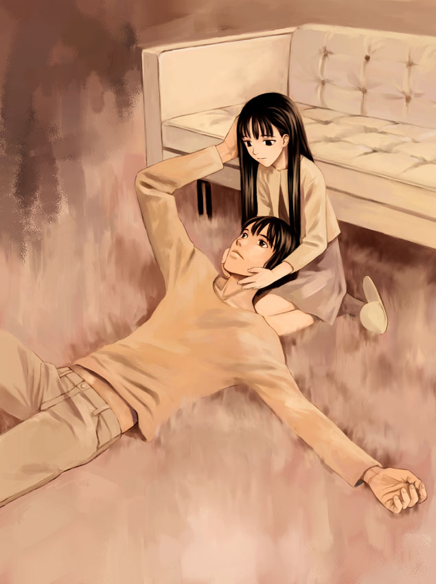 1boy, 1girl, bangs, belly_peek, black_eyes, black_hair, blood_alone, brown, child, closed_mouth, couch, cropped_jacket, dress, grey_dress, grey_legwear, grey_pants, hand_on_another's_head, hands_on_another's_head, kuroe_kurose, lap_pillow, light_smile, long_hair, long_sleeves, lying, misaki_minato, on_back, on_ground, outstretched_arm, pants, rug, short_dress, sitting, slippers, socks, straight_hair, vampire, wariza