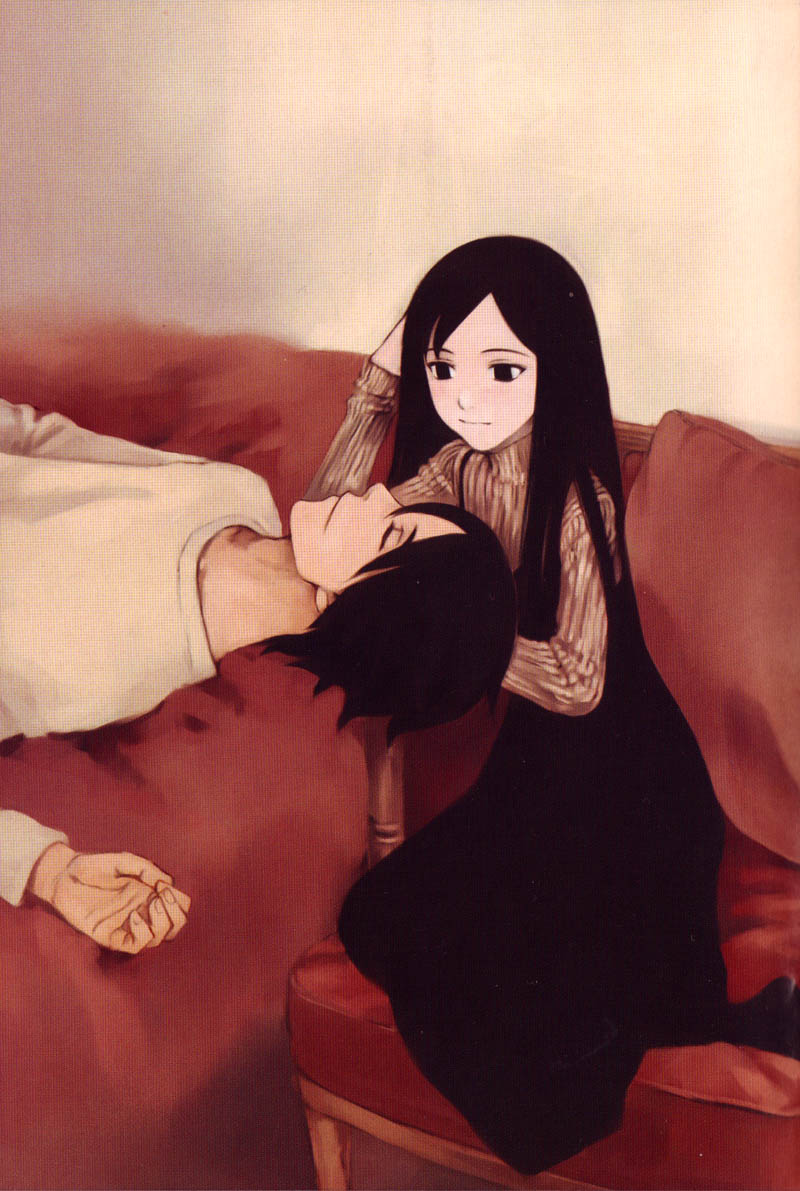 1boy, 1girl, black_dress, black_eyes, black_hair, black_legwear, blood_alone, blush