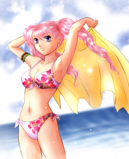 1girl, armband, armpits, beach, bikini, breasts, cleavage, cleric