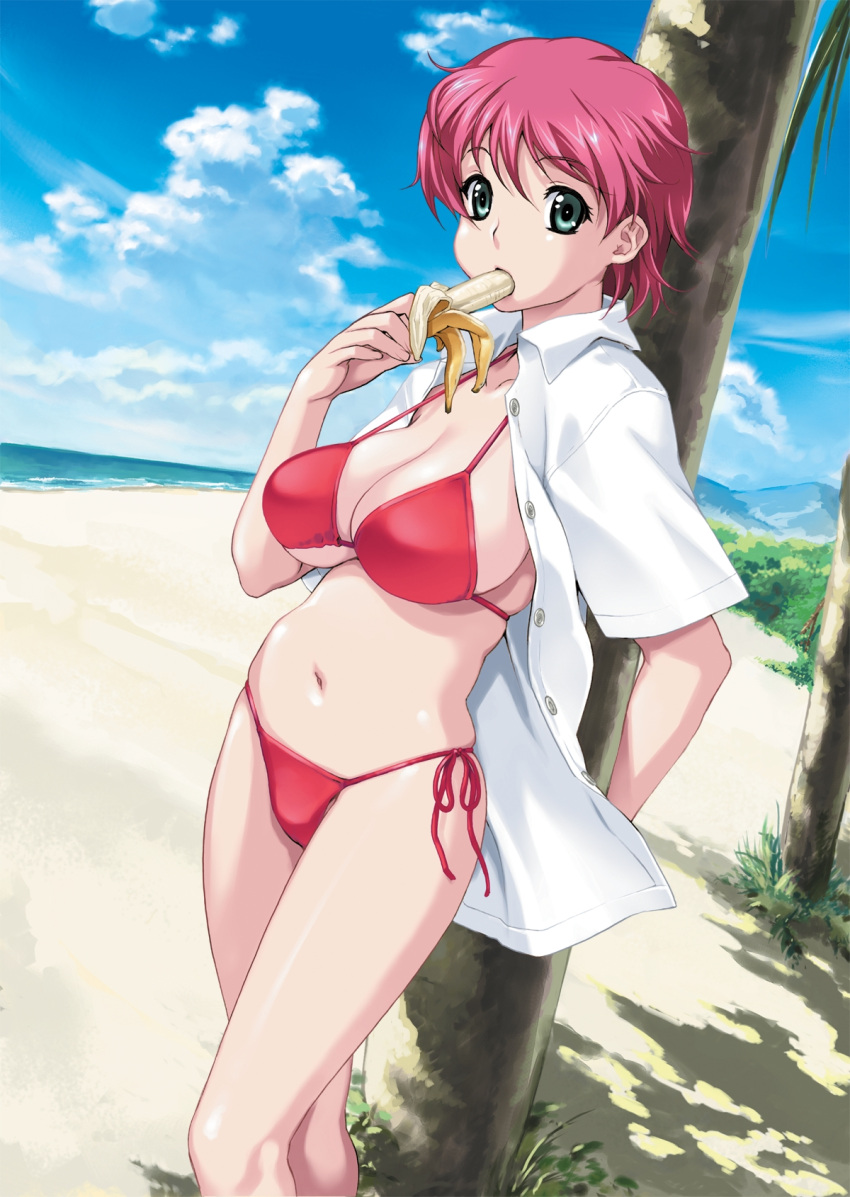 1girl, aqua_eyes, banana, beach, bikini, breasts, clouds, curvy