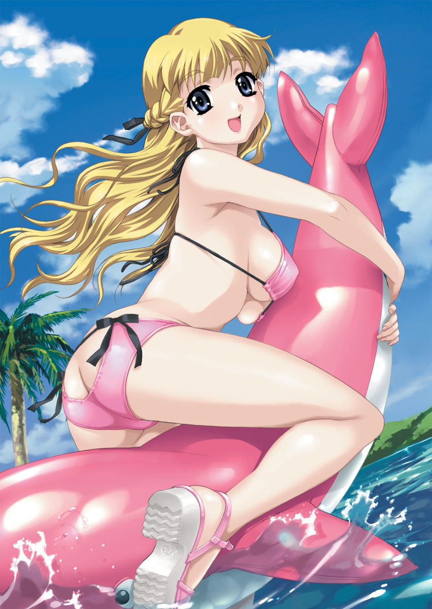 1girl, :d, ass, bikini, blonde_hair, blue_eyes, braid, breasts