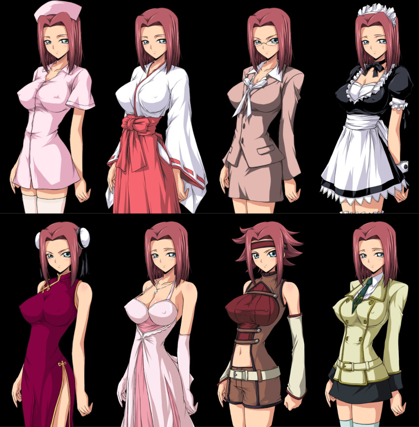 arm_warmers, bare_shoulders, bespectacled, blue_eyes, breasts, bun_cover, china_dress, chinadress, chinese_clothes, cleavage, code_geass, costume_chart, double_bun, dress, elbow_gloves, enmaided, erect_nipples, formal, game_cg, glasses, gloves, hat, headdress, highres, impossible_clothes, impossible_shirt, japanese_clothes, kallen_stadtfeld, large_breasts, maid, miko, navel, necktie, nurse, nurse_cap, red_hair, redhead, school_uniform, shirt, sleeveless, sleeveless_turtleneck, suit, thigh-highs, thighhighs, thighs, turtleneck, wristband, zettai_ryouiki