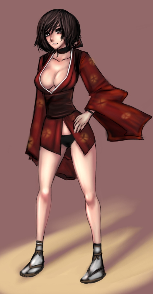 1girl, breasts, brown_hair, choker, japanese_clothes, kimono, kurenai_(red_ninja), large_breasts