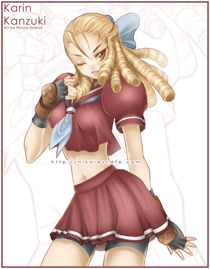 1girl, 90s, blonde_hair, capcom, character_name, fingerless_gloves, gloves, hair_slicked_back