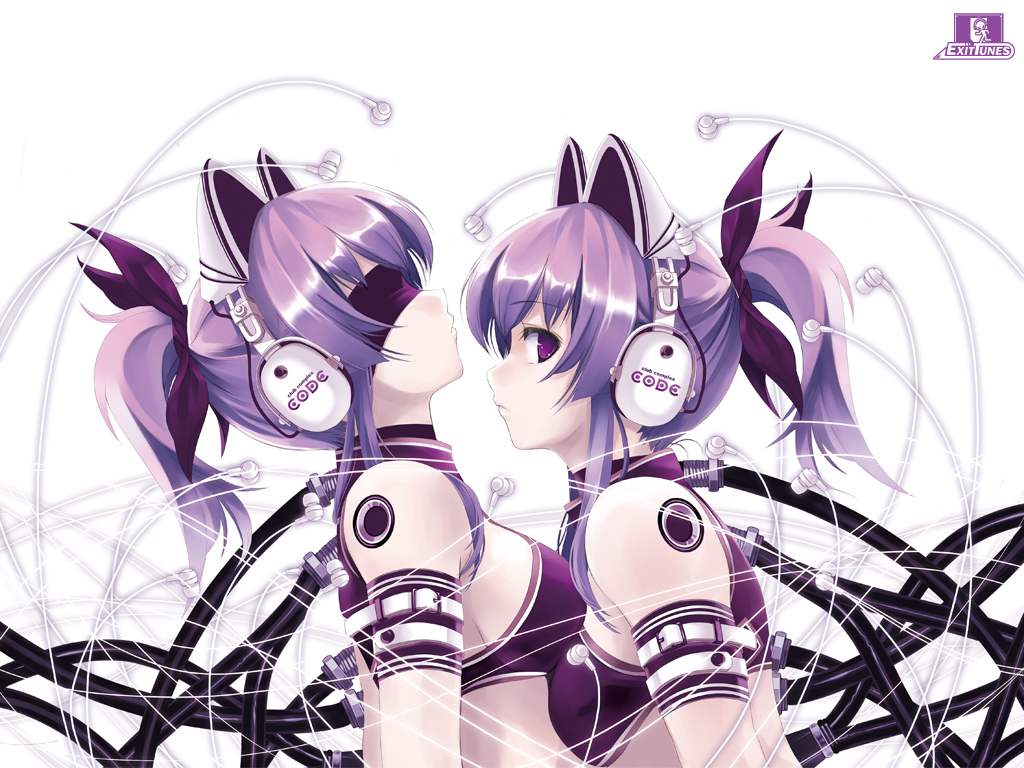 2girls, animal_ears, armband, bare_shoulders, blindfold, cable, cat_ear_headphones, cat_ears, copyright_request, cradle_(artist), earphones, earphones, exit_trance, hair_ribbon, headphones, misaki_kurehito, multiple_girls, ponytail, purple_hair, ribbon, sensory_deprivation, siblings, simple_background, sisters, tank_top, twins, violet_eyes, wallpaper, yuri