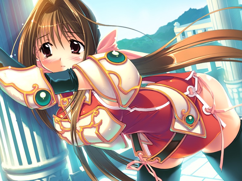 1girl, aqua_background, armor, armored_dress, bent_over, black_legwear, blush, brown_eyes, brown_hair, elf_all-stars_datsuijan, elf_all-stars_datsuijan_3, game_cg, hair_intakes, kadoi_aya, kakyuusei_2, leaning, long_hair, red_skirt, ribbon, saimon_tamaki, skin_tight, skirt, solo, thigh-highs