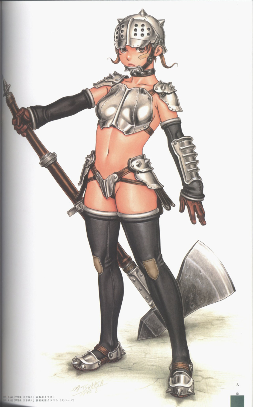 1girl, armor, axe, bandaid, bandaid_on_face, boots, breastplate, brown_eyes, brown_hair, full_body, helmet, highres, original, realistic, scan, scan_artifacts, solo, standing, steel, thigh-highs, thigh_boots, tsukasa_jun, warrior, weapon
