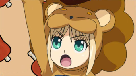 1girl, blonde_hair, cosplay, fate/stay_night, fate/tiger_colosseum, fate_(series), green_eyes, lion