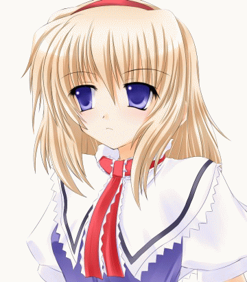 1girl, alice_margatroid, animated, animated_gif, blonde_hair, capelet, female, hairband