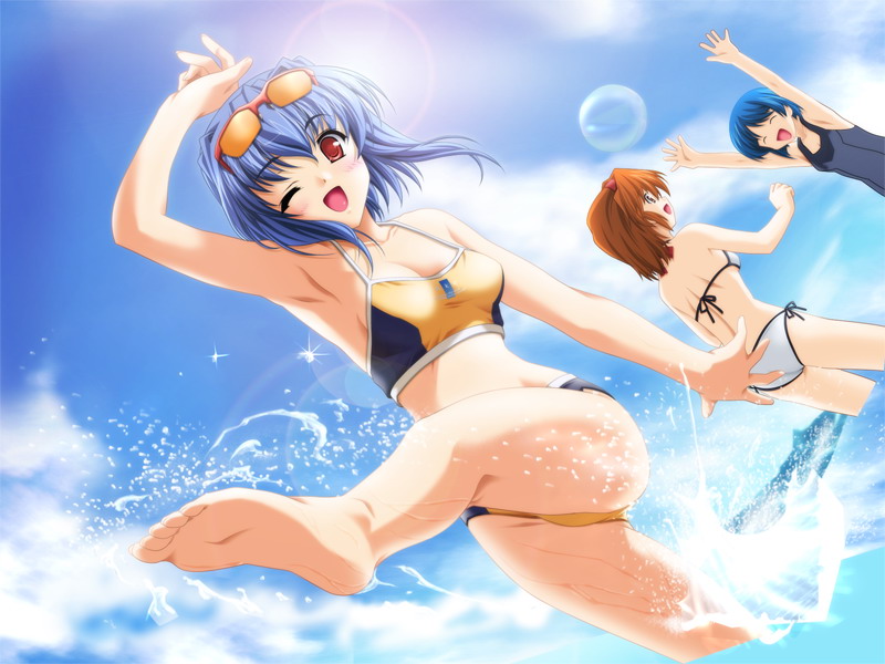 00s, 3girls, barefoot, bikini, blue_hair, brown_hair, feet, game_cg
