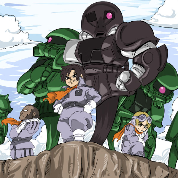 3boys, blue_dragon, borjarnon, borjarnon_gavane_gooney_custom, gavane_gooney, gundam, jojo_no_kimyou_na_bouken, male_focus, multiple_boys, parody, shadow, stand_(jojo), turn_a_gundam, zaku, zaku_i, zaku_ii